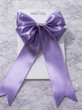 Lavender Satin Bow Hair Clip with Rhinestone Center